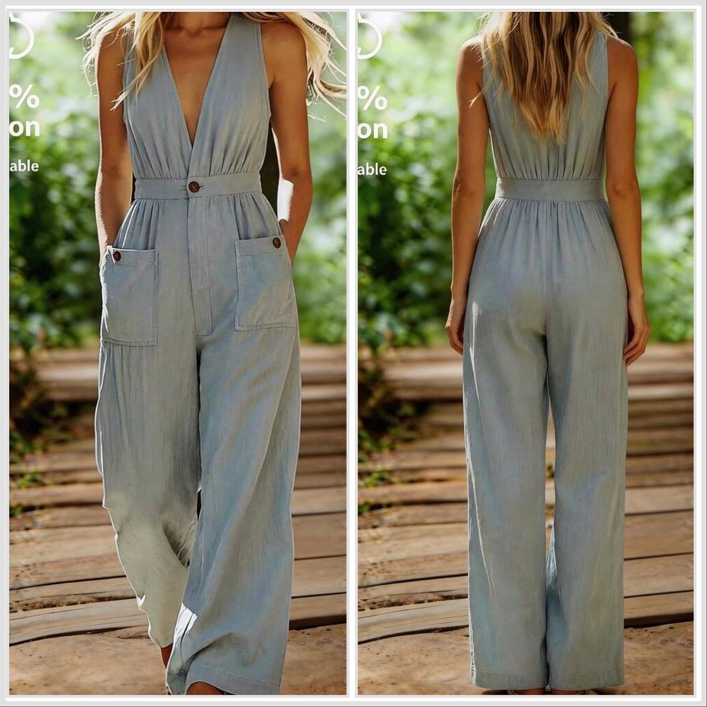 Sleeveless Deep V Wide-Leg Jumpsuit in Light Blue